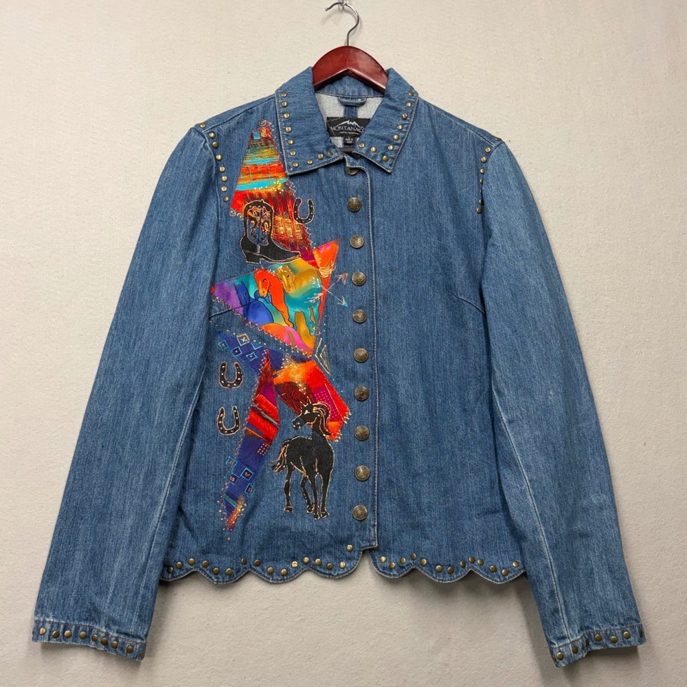 Montanaco Denim Jacket Womens Large Blue Western Horse Studded Scalloped Hem